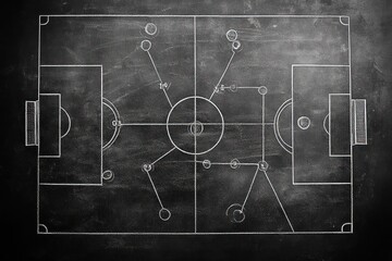 Naklejka premium chalkboard soccer field diagram showing player positions, connecting lines and arrows, tactical formations and strategic focus