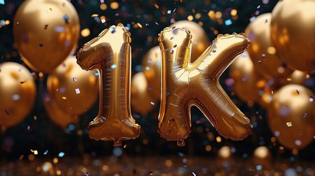 festive joyful celebration with gold foil balloons forming 1k surrounded by floating gold balloons and colorful falling confetti