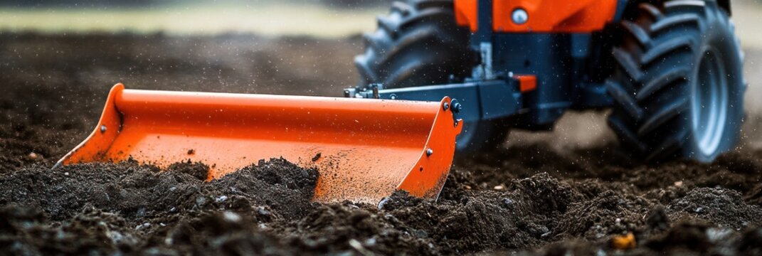 close-up of an orange tractor front blade scraping dark wet soil in a rain-swept field, conveying gritty hardworking energy
