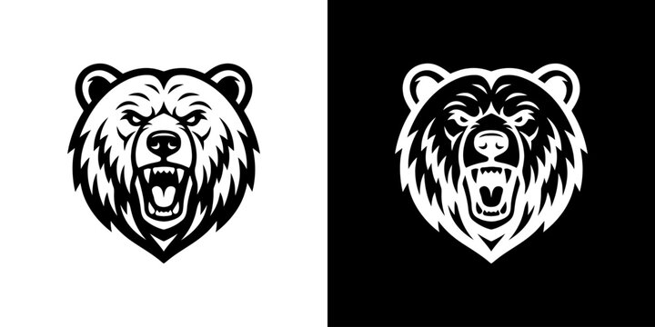 Aggressive Bear Head Mascot in Black and White.