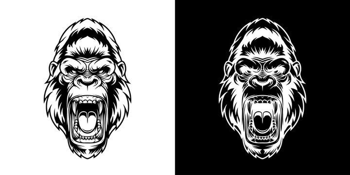 Angry Gorilla Head Illustration in Black and White.