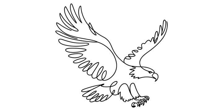 Minimalist continuous single line drawing of a flying bald eagle bird with spread wings in a simple black ink sketch style for logo or emblem design