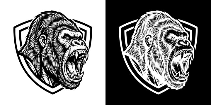 Angry Gorilla Head in Shield Emblem - Black and White Illustration.
