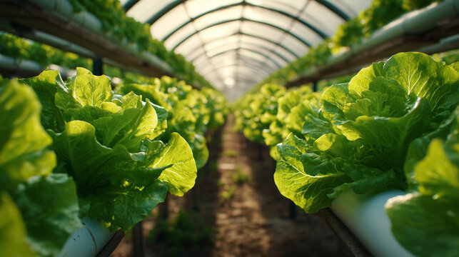 Fresh lettuce growing in hydroponic greenhouse rows with warm sunlight and sustainable farming