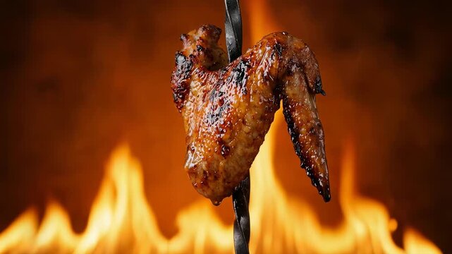 Single  juicy marbled chicken wing grill skewered on iron stick in upright position, orange background, fiery flames behind, 4K video