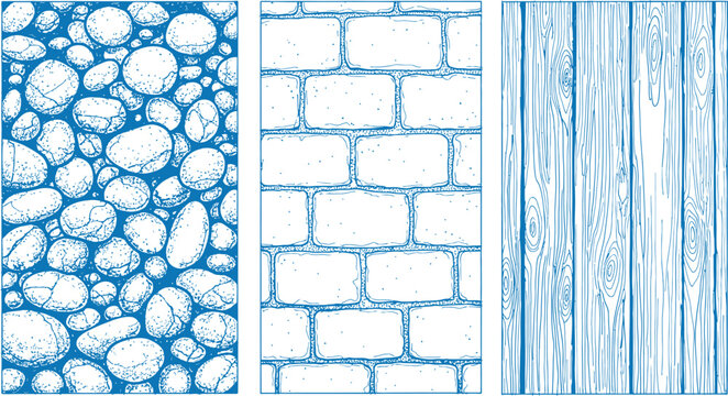 Blue textured backgrounds of pebbles, bricks, and wood grain patterns vector background .