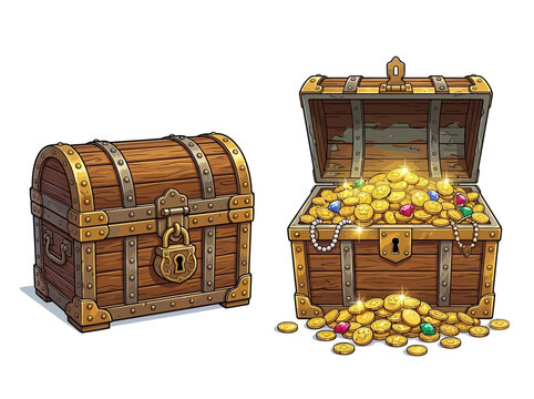 Two wooden treasure chests one closed with a lock and one open filled with gold coins and gems.