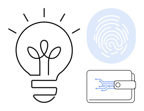 Innovation, digital security, fintech, identity verification, renewable energy, creative solutions. A light bulb, fingerprint and e-wallet icon. Innovation and digital security