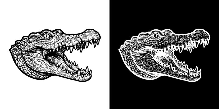 Detailed Crocodile Head Illustration - Striking Black and White Graphic.