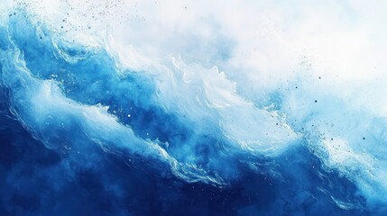 Fototapeta premium Abstract sweeping blue and white ocean waves with splashing foam, mist and textured strokes conveying powerful, calming motion and dramatic aquatic energy