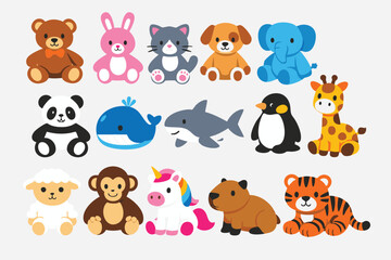 Obraz premium Set of cute cartoon animal stickers and plush toys characters icons for children isolated on white background