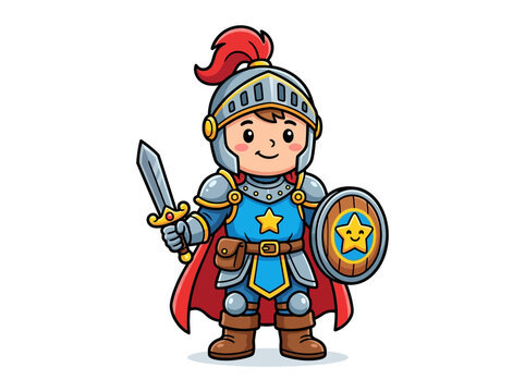 Cute cartoon little knight boy character holding sword and shield.