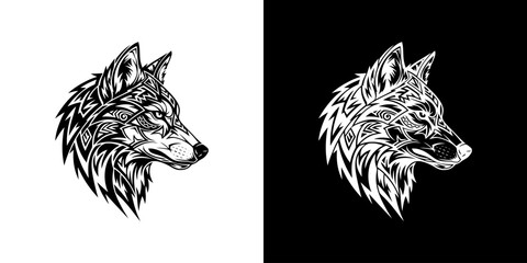 Obraz premium Detailed Wolf Head Illustration in Black and White.