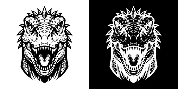 Detailed Tyrannosaurus Rex Head Illustration in Black and White.