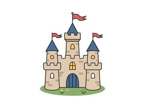 Cartoon stone castle illustration with blue roofs and flags.
