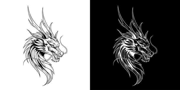 Dragon Head Illustration - A Detailed Black and White Depiction.