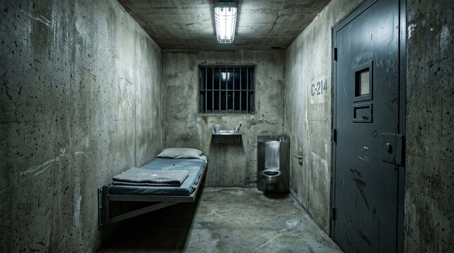 dimly lit prison cell with metal bed and toilet