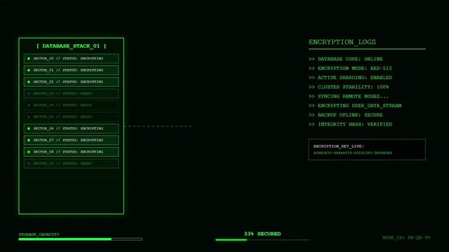 Database Stack 01 Green HUD Interface with Encryption Logs and Cyber Security Cloud Storage Data Processing Animation.