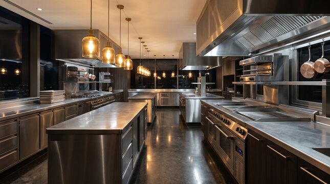 modern commercial kitchen interior with stainless steel appliances and