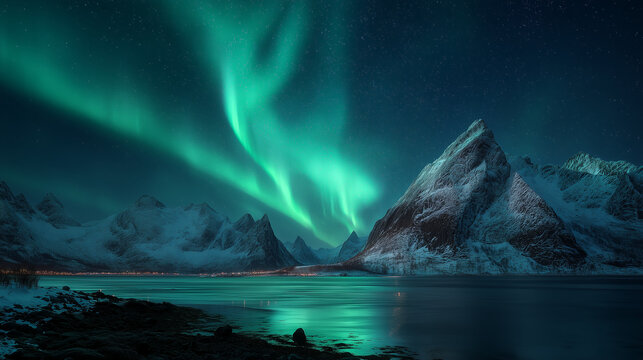 Vivid green aurora borealis glowing over snowy mountains and calm fjord in dramatic arctic night landscape