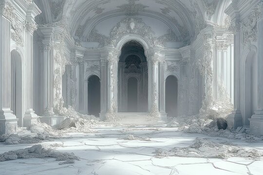 abandoned ornate baroque grand hall with crumbling columns, cracked floor, scattered rubble and ethereal pale light conveying melancholy and haunting silence