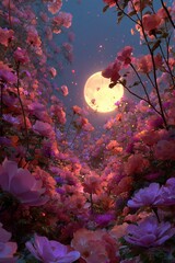 Naklejka premium Mystical 3d render of a glowing full moon surrounded by lush red and purple roses with soft light. Romantic fantasy night background for cards and artistic designs.