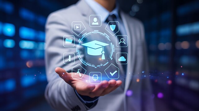 Digital education concept with graduation icon and hand representing online learning and knowledge technology