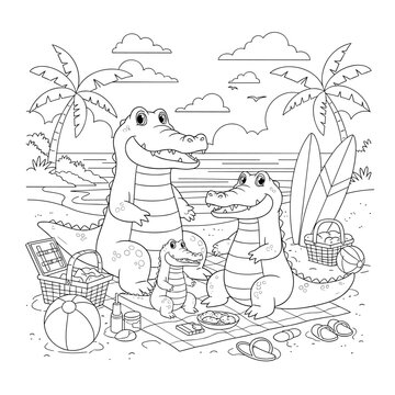 Cute Crocodile Family Having Picnic on Tropical Beach Coloring Sheet for Children