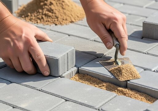 Worker laying concrete paving stones on sand with a trowel for landscaping