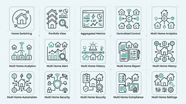 Set of fifteen multi-home management and smart technology line icons.