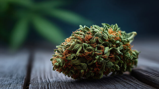 Cannabis bud closeup on wooden table with green leaves and orange pistil, macro view of cured flower with detailed texture and dark blurred background