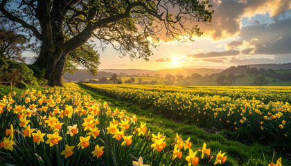 Obraz premium St. David's Day Celebration in a Tranquil Field of Daffodils