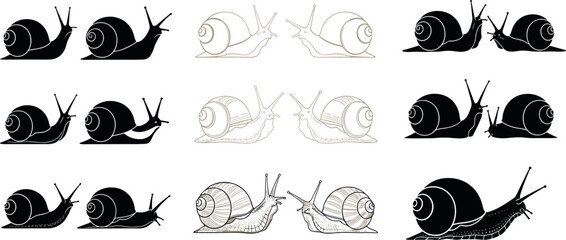 Set of Snail Illustrations in Black, White, and Line Art Styles, Featuring Snails in Various Poses and Shell Designs. © Auwal