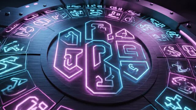 A futuristic circular interface with neon-lit symbols and a central logo, on a metallic background