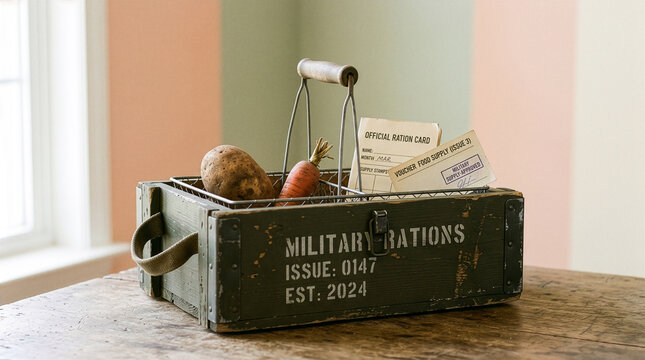 A rustic wooden crate labeled &ldquo;military rations&rdquo; holds a wire basket with a potato, a carrot, and vintage ration cards on a wooden table in soft window light - Generative AI