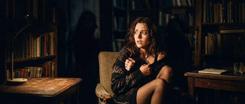 feeling fear perception openart.ai concept. Woman with disheveled hair sitting anxiously in a dimly lit room surrounded by bookshelves.
