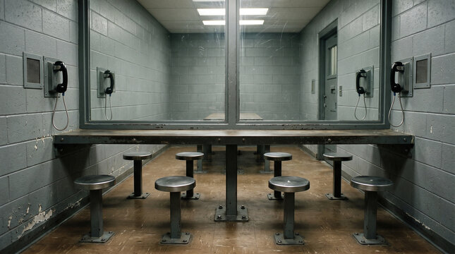 prison visitation room with metal table and stools