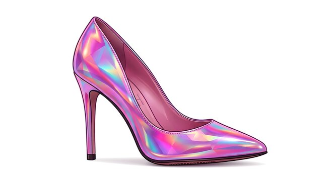 Stylish pink iridescent high heel shoes isolated on white background, fashionable footwear design.