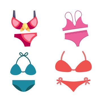 Collection of vibrant flat design bikinis and two-piece swimsuits, perfect for summer vacation and beach fashion