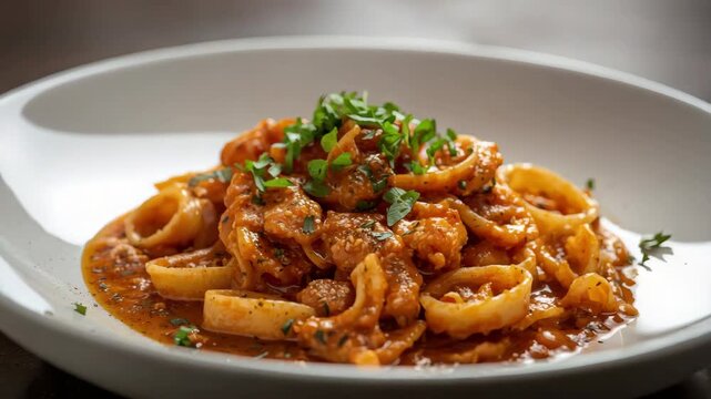 Seafood pasta with calamari rings in rich tomato sauce, parsley garnish, savory rustic presentation