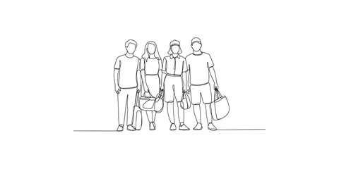 Continuous line drawing of four people standing with luggage and bags © Line Art Gallery
