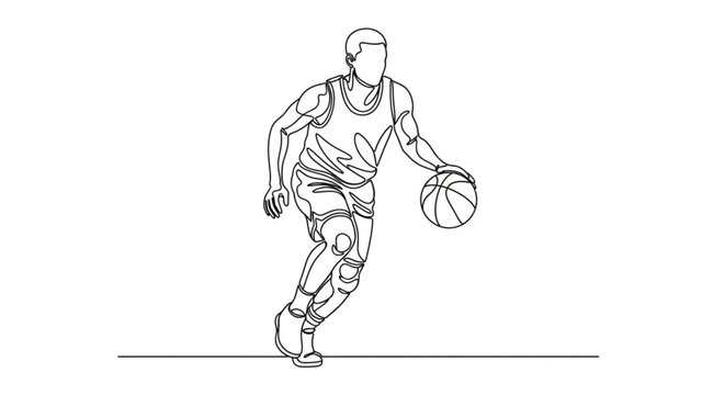 Line Art Illustration of a Basketball Player Dribbling the Ball in a Dynamic Action Pose