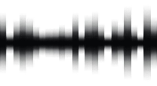 Abstract halftone audio sound wave pattern. black gradient bars, white space, fading pixel dots, equalizer. for electronic music festival posters, podcast. modern vector illustration.