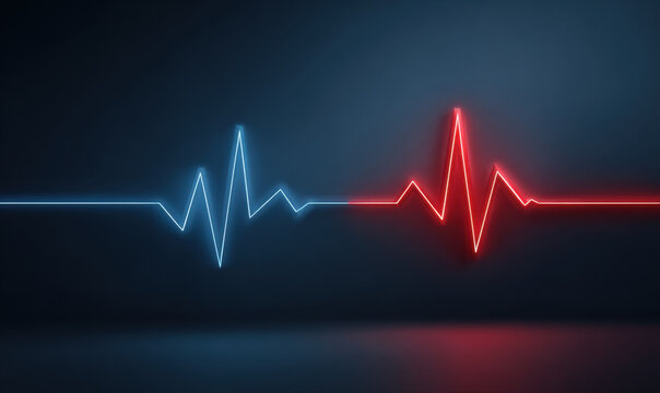 Heart rhythm line on dark blue background with blue and red glow, medical pulse concept