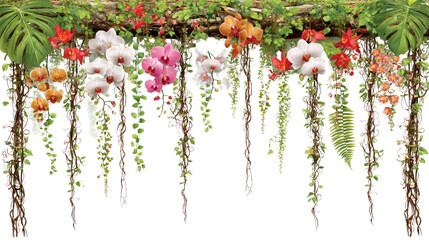 Vibrant Floral Arrangement with Orchids and Greenery Decorating a Rustic Wooden Background © boonma
