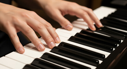 Obraz premium Musician Playing Piano with Focus, Classical and Modern Keyboard Performance, Art and Lifestyle Theme
