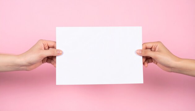 Two human hands gently holding up a pristine blank white sheet of paper, perfectly centered against a bright and vibrant pink studio background, ideal for custom text or graphic design content display