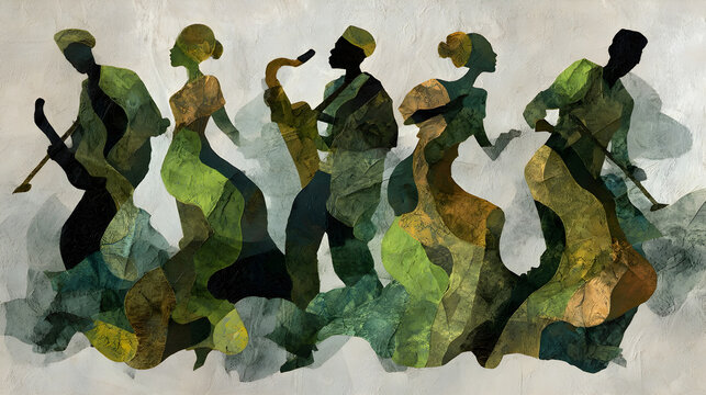 A stylized jazz band performing with instruments and elegant attire. The silhouettes have a unique texture, with flowing dresses and music in the air. 