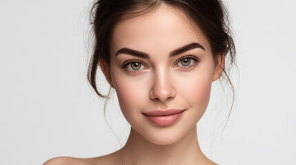 Fototapeta premium Female portrait young adult face headshot beauty neutral background dark hair brown eyes clean skin studio lighting