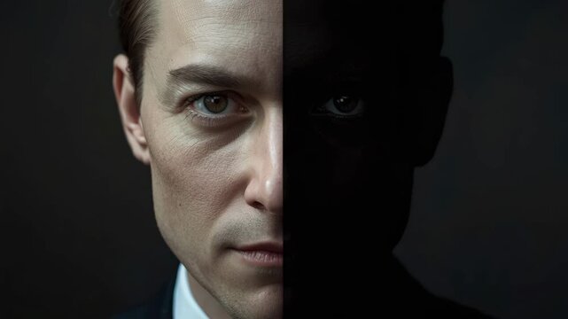 Man portrait half face shadow contrast dramatic lighting. handsome half face lit with mysterious